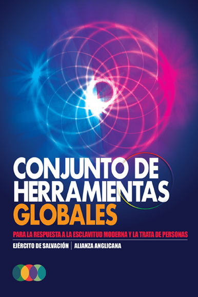 Spanish version of the cover page for The Salvation Army’s Global Toolbox of Modern Slavery and Human Trafficking Response. Image shows blue and purple spirals.